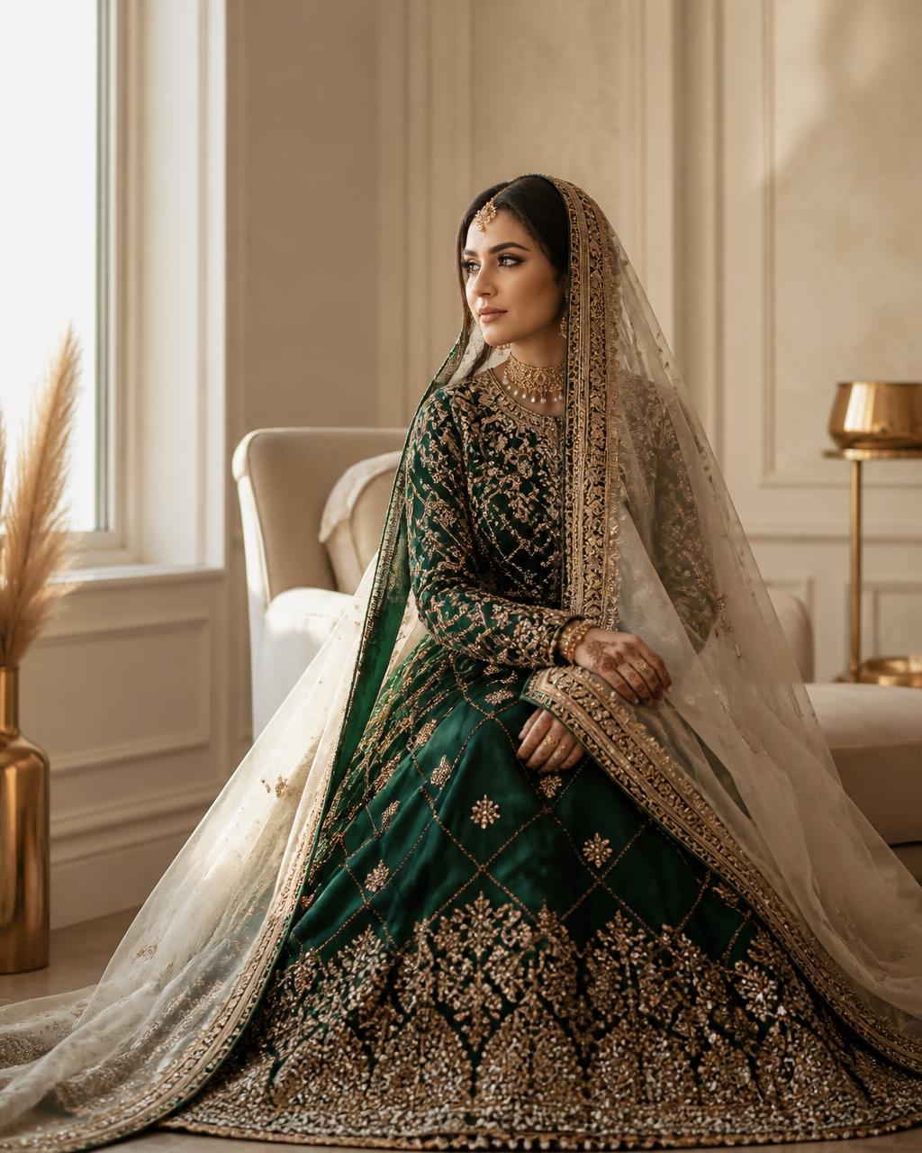 A bride in emerald and gold seated in warm daylight