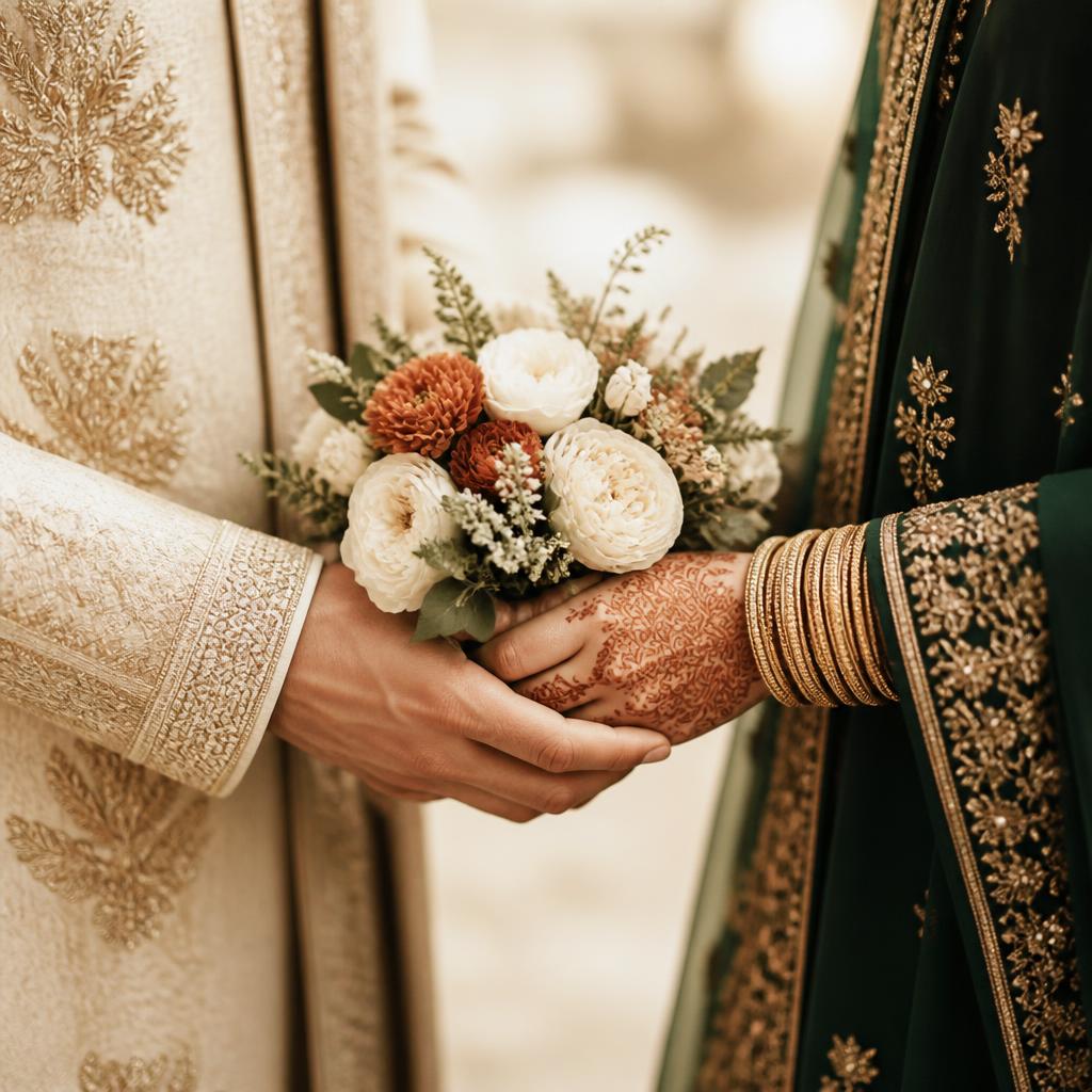 A couple holding a small bouquet, dressed in ivory and emerald